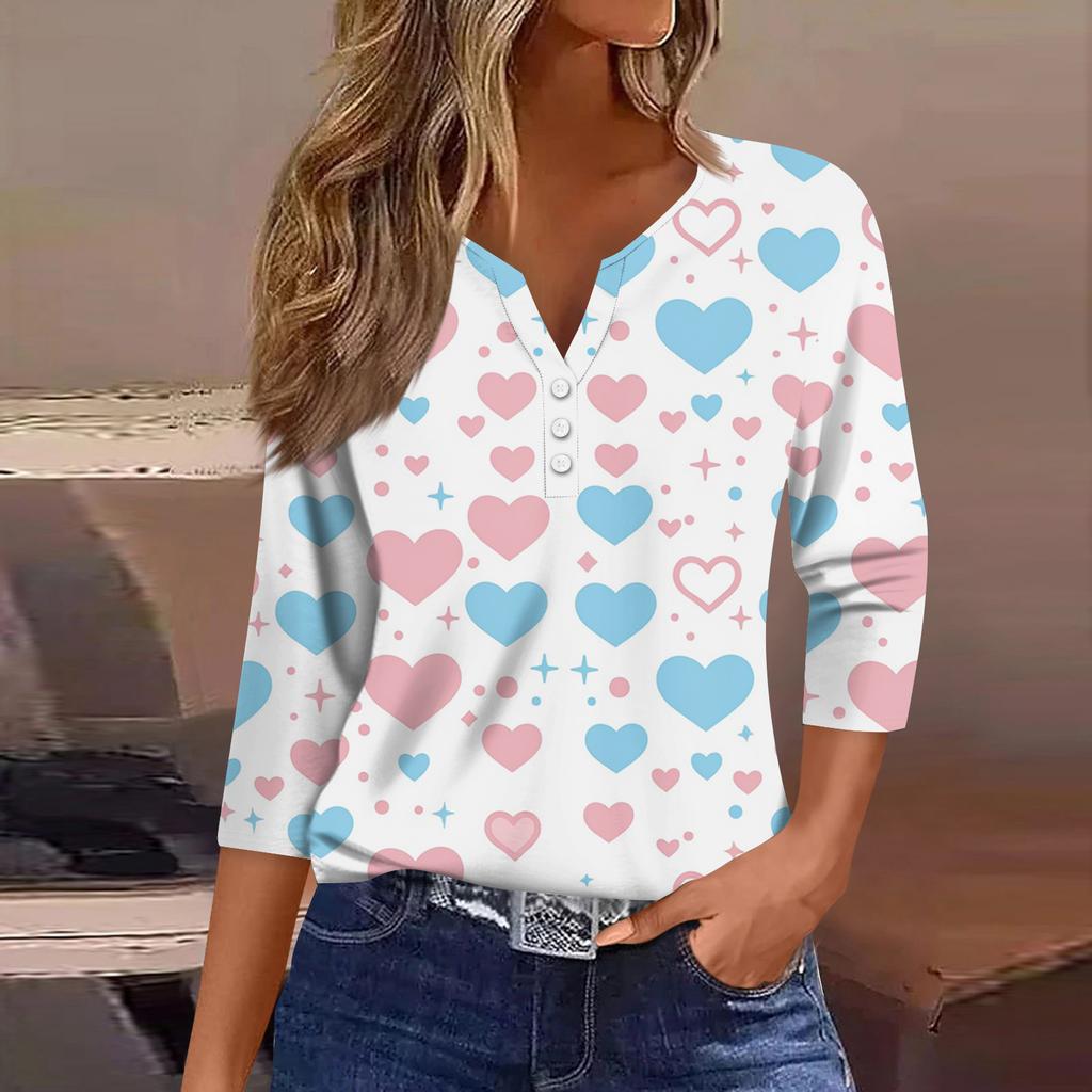 Women's Fashion Button-Up V-Neck Three-Quarter Sleeve Valentine's Day Print Top