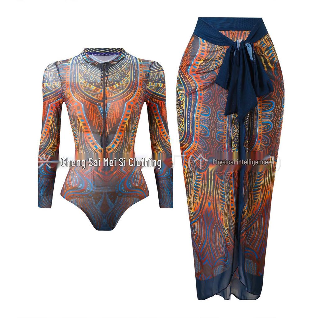 2025 Women's Long Sleeve Sun Protection Russian Swimsuit - European American Surfwear Beach Dress