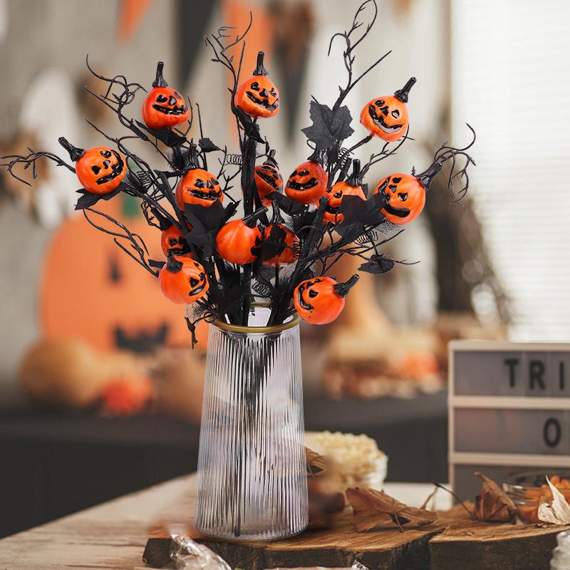 1/3/5Pcs Halloween Branches Artificial Pumpkin Maple Leaf Stem Flowers Halloween Party Decoration For Home DIY Vase Photo Props