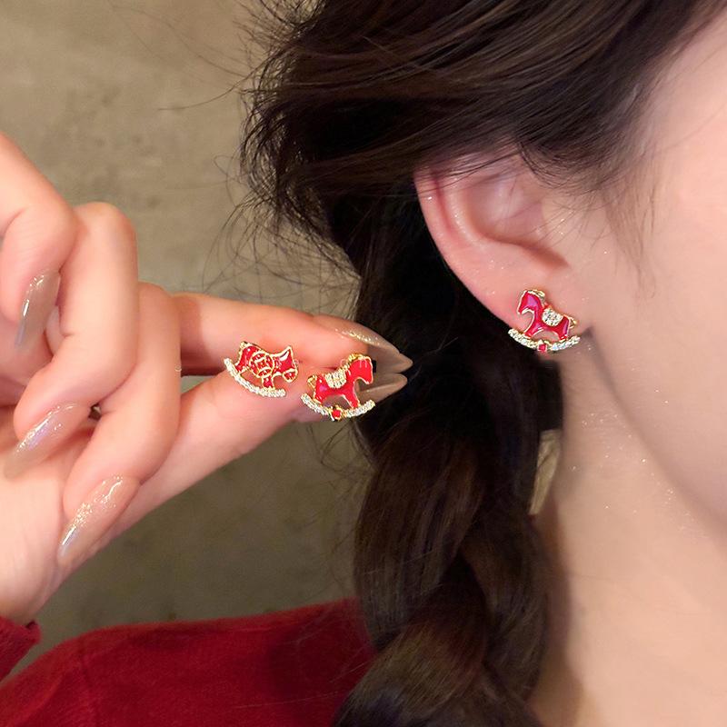 18k real gold electroplated new Chinese zircon natal year pony stud earrings exquisite earrings women