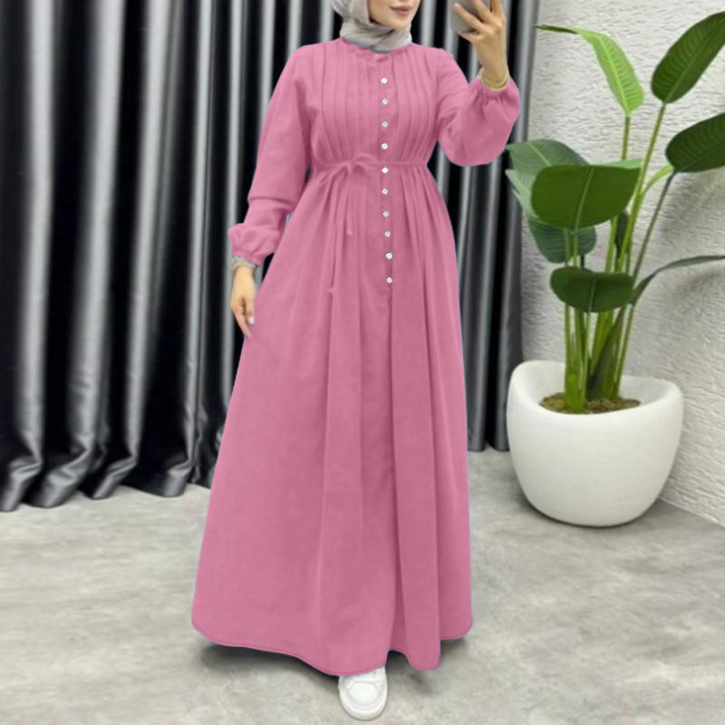 ZANZEA Damen Casual Rundhals Locker Langarm Muslimisches Kleid