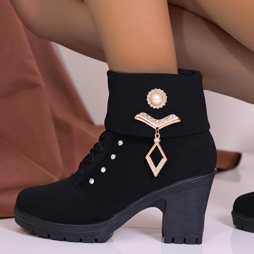 New autumn and winter Martin boots British high-heeled turned rhinestone short boots thick heel thickened velvet boots