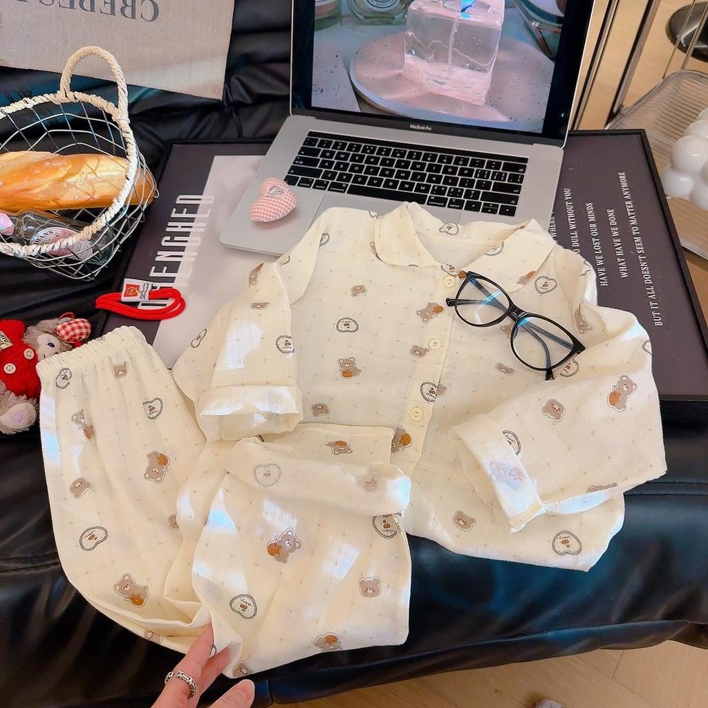 Children'S Pure Cotton Gauze Loungewear Boys And Girls Double Yarn Printing Set Doll Collar Pajamas Pajamas Cardigan Spring And Summer