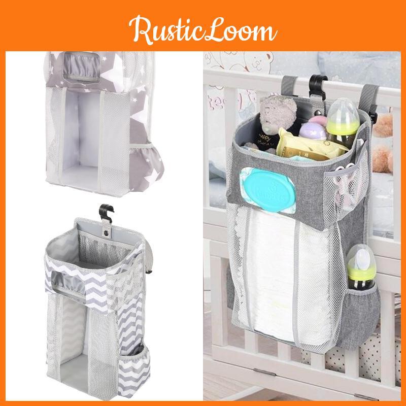 Gray Striped Baby Bedside Hanging Bag Ideal Storage Solution For Nursery