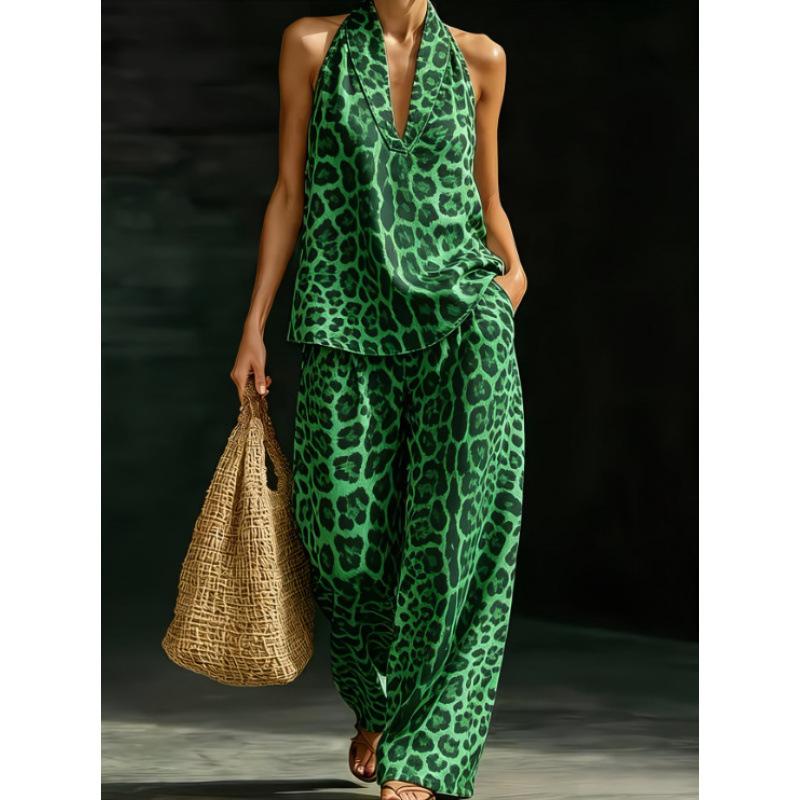 1116 set European and American women's clothing printed neck V-neck sleeveless casual pants set