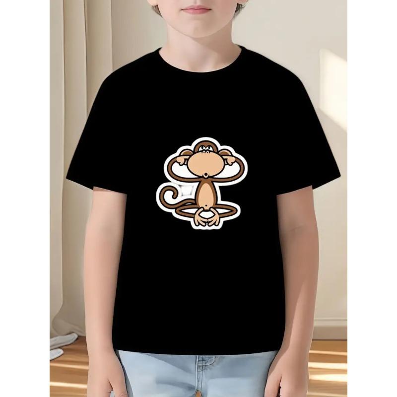 

European sizes Cartoon Creative Monkey Pattern 2D Print Boys T-Shirt, Casual Short Sleeve Comfortable Summer Outdoor Top 98cm чёрный