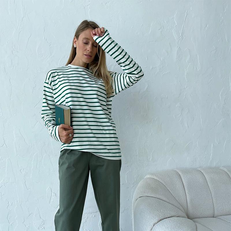 Cozy Loose Long Sleeve Striped T-Shirts Women Autumn Basic Casual Cotton Tops Round Neck Street Style Blouse