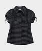 PLACE STUDIO Check Frill Point Strap Puff Sleeve Single Collar Blouse Short Sleeve Shirt [Charcoal]