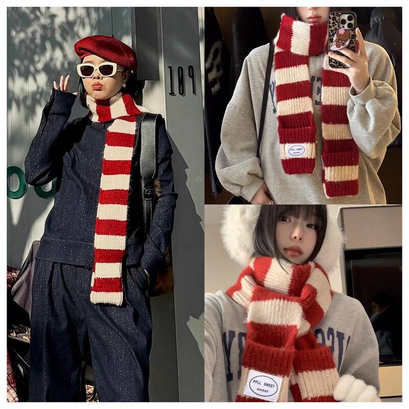 Korean Style Red and White Striped Knitted Scarf