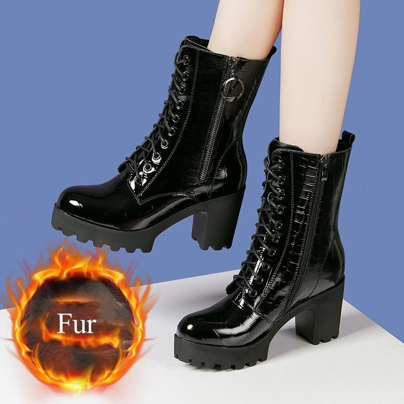 

8cm 10cm Elegant Chunky Platform Shoes Women s Genuine Leather Boots 2025 Winter Block High Heels Fur Ankle Motorcycle Boots 34