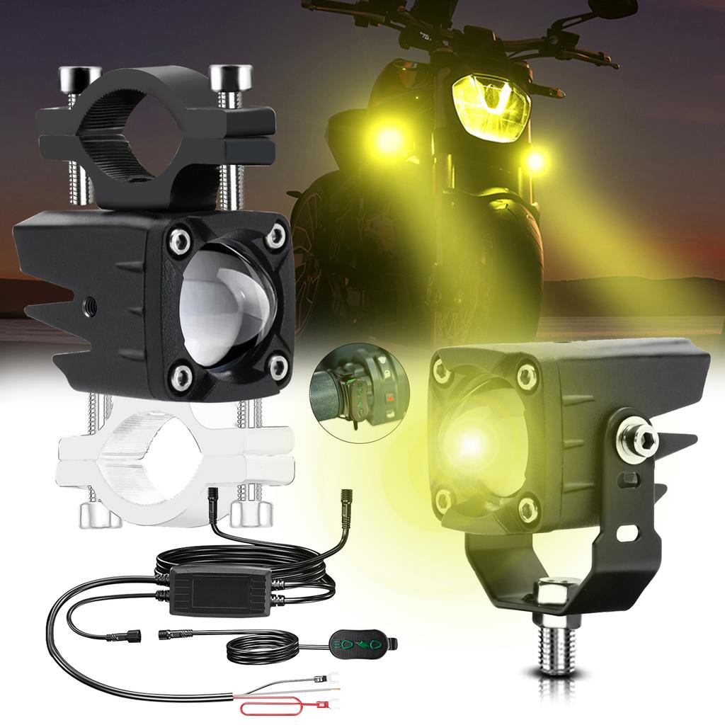 Motorcycle Auxiliary Lights, LED Driving Light Spotlights White Yellow Fog Lights with Mount Brackets Wire Harness, Off