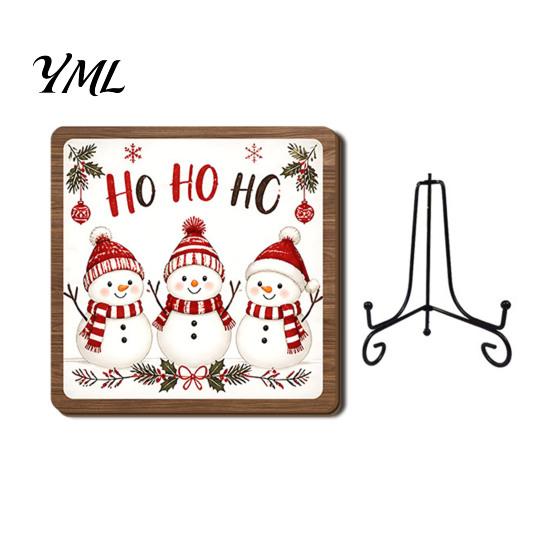 Christmas Pet Ornament Wooden Tabletop Decor, 2D Santa with Iron Stand, Rustic Wrought Display Stand Holiday Sign for Home And Cafe Festive