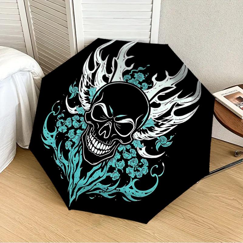 1PC Skull Flames Automatic Folding Umbrella - Compact 8-Rib Design, Durable Plastic & Iron, Lightweight for Outdoor Daily Use, Festive Gift021