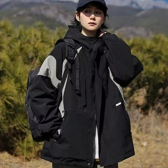 Women's Outdoor Hooded Windbreaker Jacket - Casual Loose Fit, Autumn/Winter Japanese Streetwear, Color Block Design