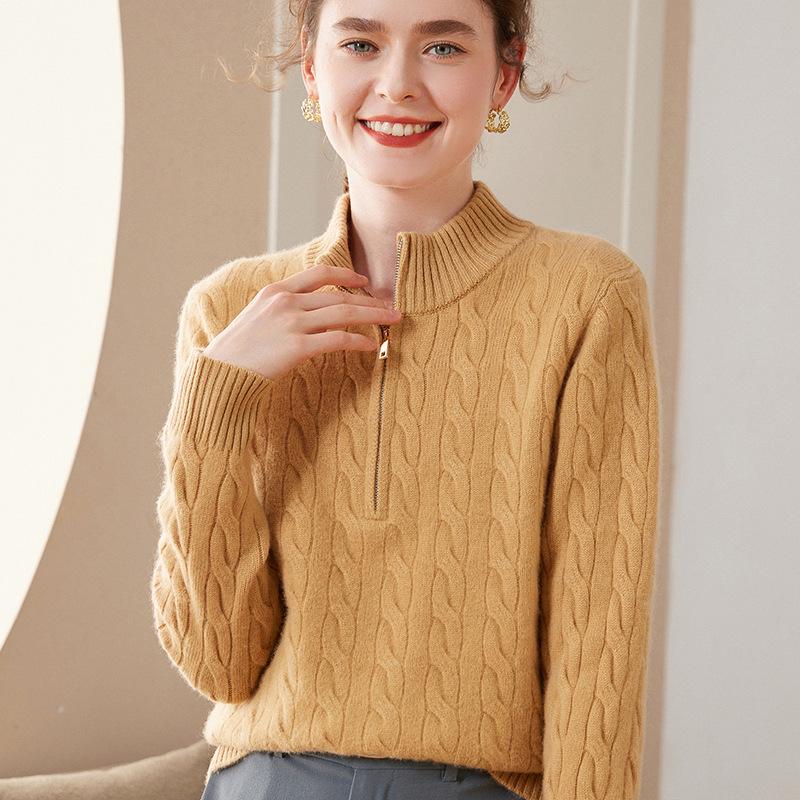Women's Cable Knit Cashmere Zipper Sweater – Thick High Collar, Warm and Loose for Autumn Winter