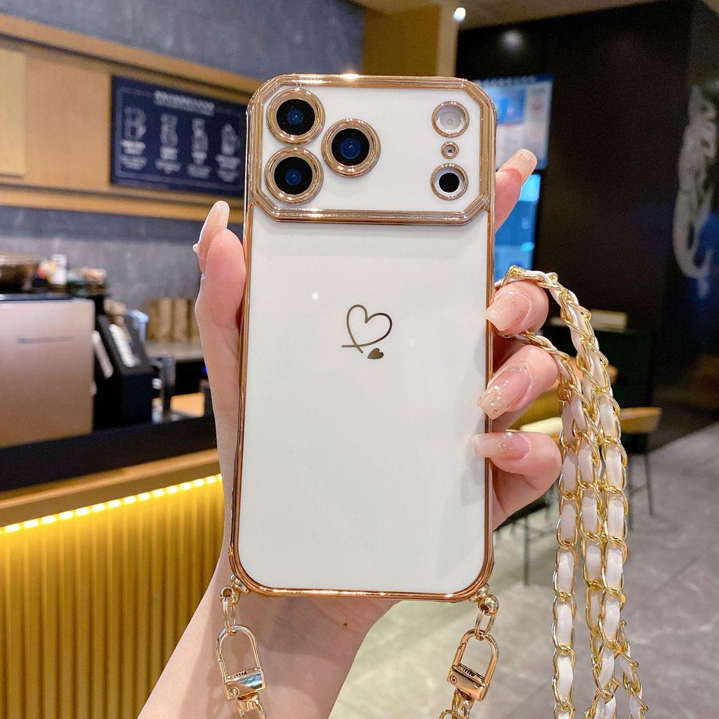 High-End Electroplated Love Heart Crossbody Lanyard Case for iPhone 16 Pro Max/17/15/14