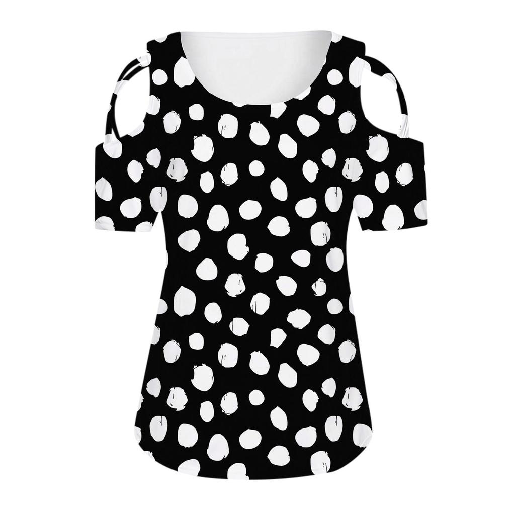 Women Polka Dot Summer Short Sleeve Strappy Cold Shoulder T-Shirt Tops Blouses