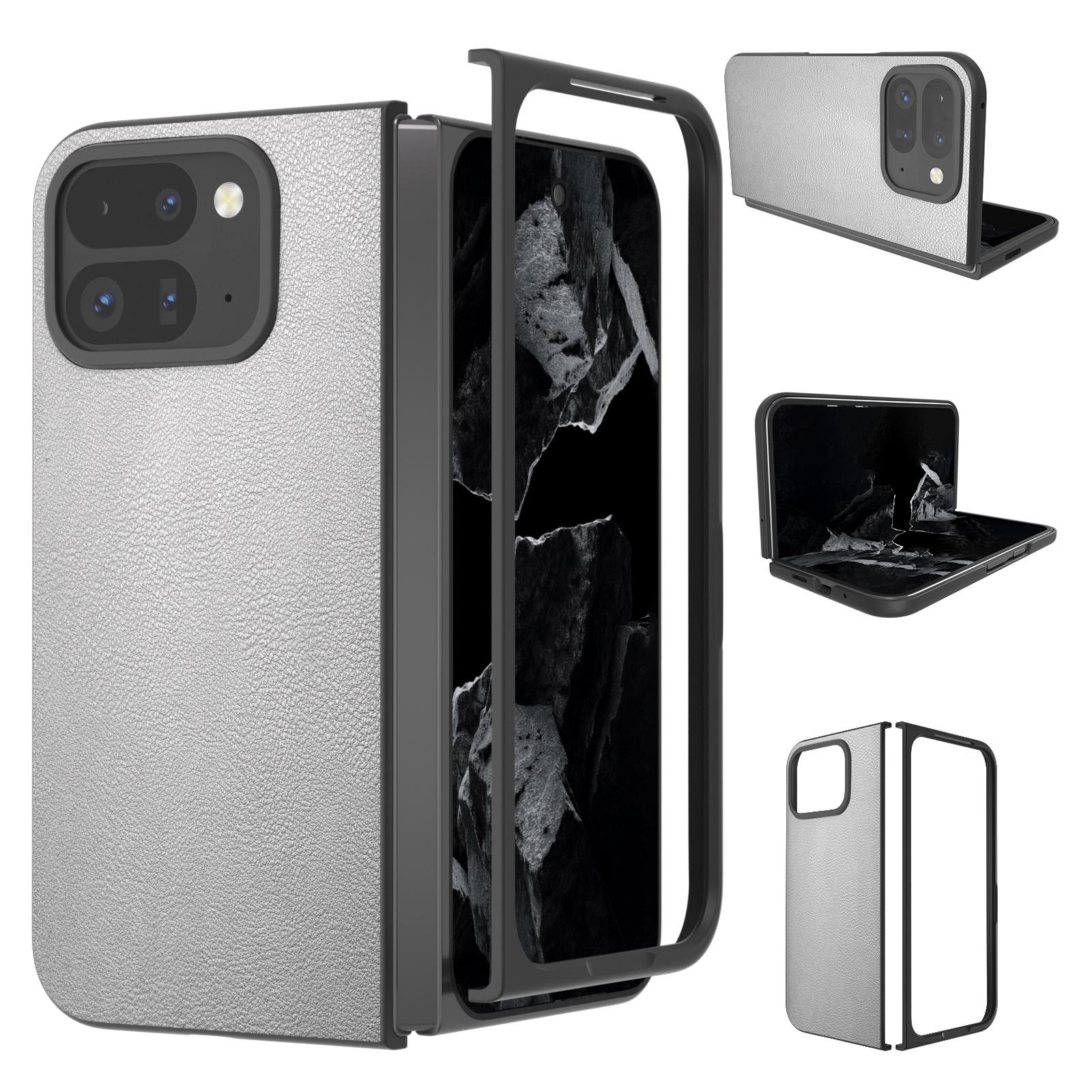 

For Google Pixel 9 Pro Fold 5G Case Anti-Scratch PU Leather Coated PC Phone Cover Silver