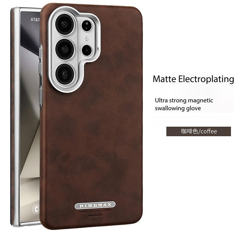 

Magnetic Phone Case for Samsung Galaxy S26 Ultra S25 Edge S24 Plus S23 Electroplate Bumper Wireless Charging Matte Leather Cover Galaxy S26 Ultra темно-коричневого
