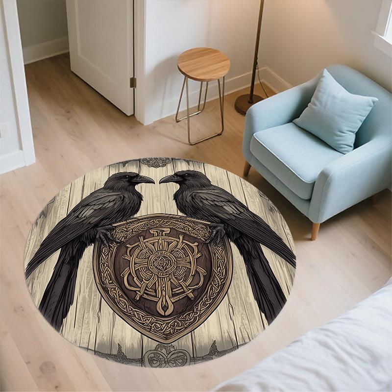 Two Crows with Runes,Round Area Rug,Carpet Rug for Living Room Bedroom Sofa Playroom Decor,Non-slip Floor Mat
