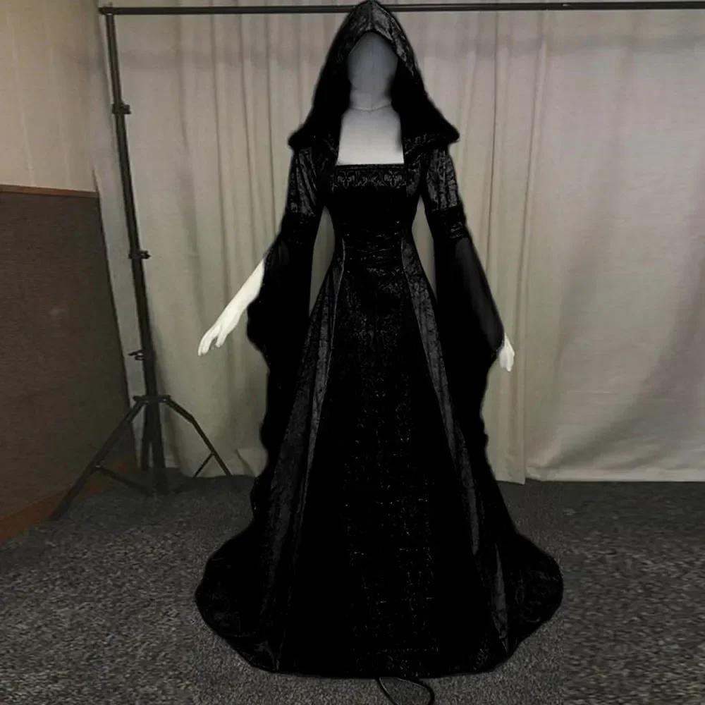 Damen Deluxe Hexenkleid Mittelalter Renaissance Maxi Schleppenkleid Halloween Teufel Heidnische Hexe Hochzeit Cos Kostüm Kapuzengewand Robe