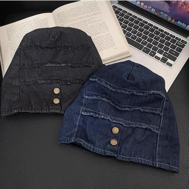 Vintage distressed button denim pile hat for women, fur edge sweater hat, autumn/winter niche wrapped hat, face-hugging little versatile