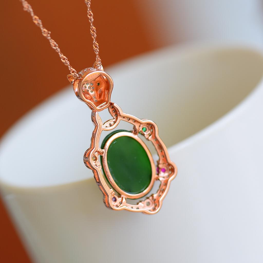 Hotan Jade S925 Silver Inlaid Jasper Egg Face Pendant Necklace for Women