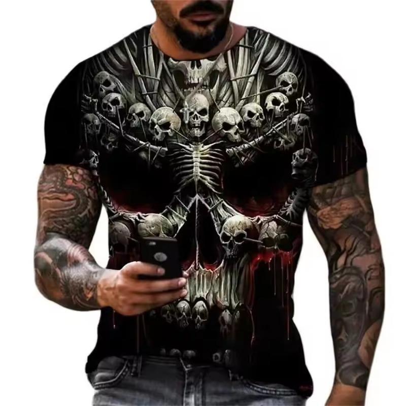 Men's Casual T-Shirt Skull Graphic Black Short Sleeve Crew Neck Tee Cool Streetwear Halloween Fashion Top
