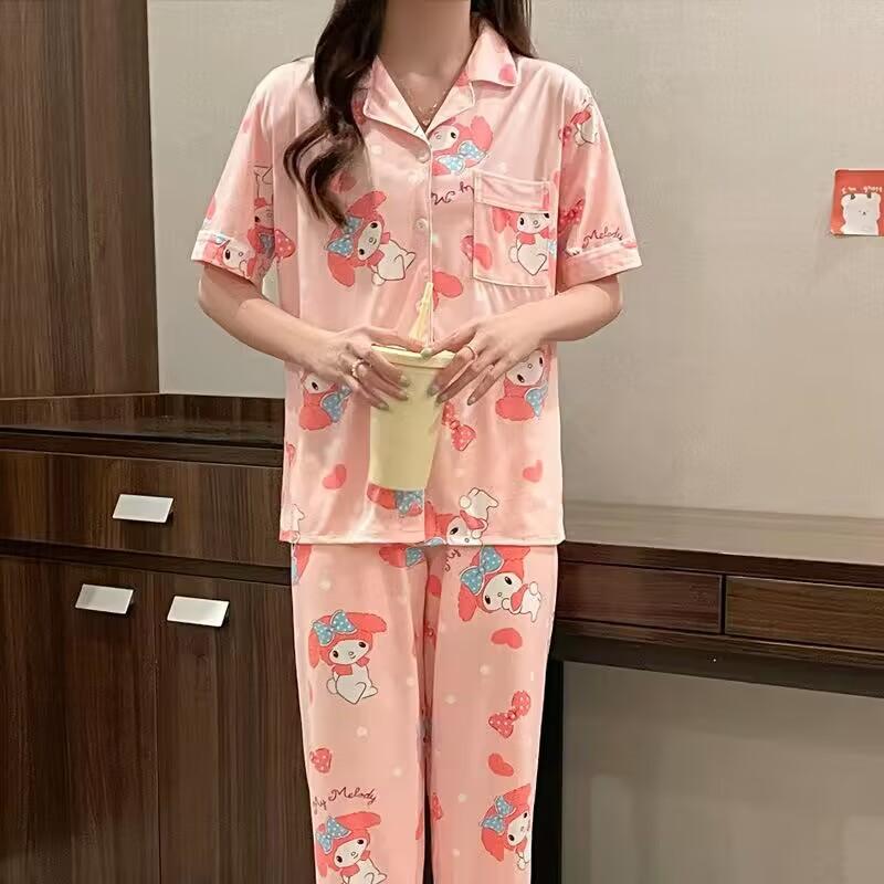 Cute Melody pajamas women's Japanese sweet cartoon style loungewear age-reducing girls cardigan short-sleeved set