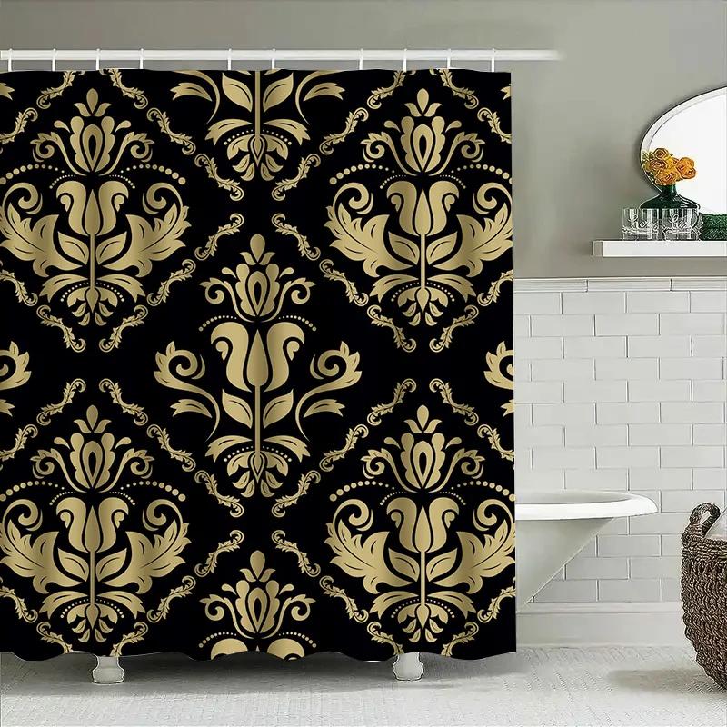 Vintage Damask Shower Curtain Luxury Gold Black Printed Shower Panel Set For Bathroom Decoration