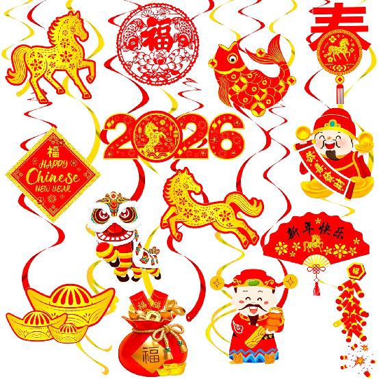 20pcs Chinese New Year Hanging Swirl Decorations 2026 Lunar New Year Decorations Spring Festival Ceiling Streamers for The Horse Chinese New Years