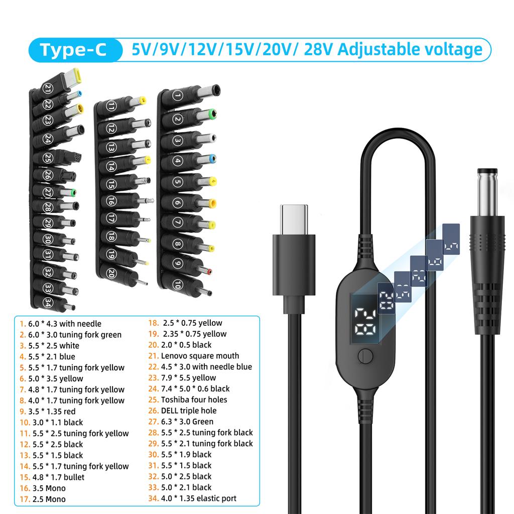 USB C To DC Power Cable 140W Type C To 5V 9V 12V 15V 20V 28V Adjustable Voltage Adapter Connector Cable for Laptop Routers