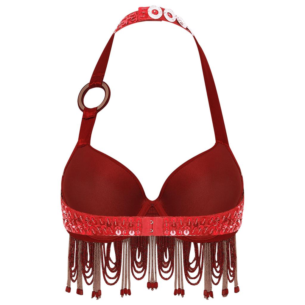 Women Belly Dance Halter Bra Top Sparkle Sequins Plastic Beads Tassel Rhinestone Dance Crop Top Performance Costume
