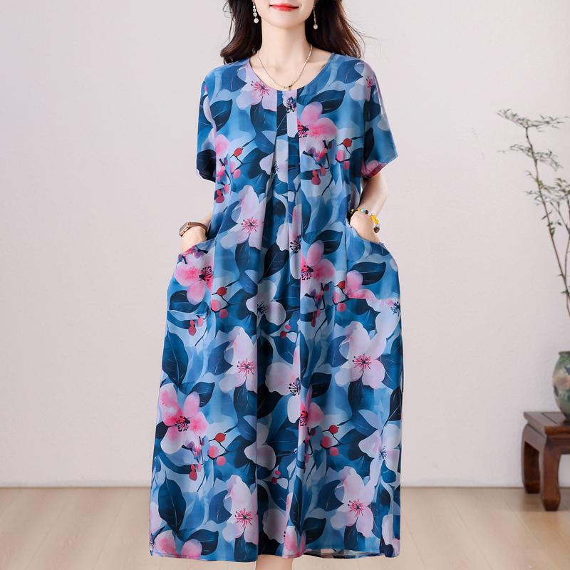 Übergröße, langes Sommerkleid mit Vintage-Druck für Damen, elegantes, kurzärmeliges, lockeres Sommerkleid in Übergröße