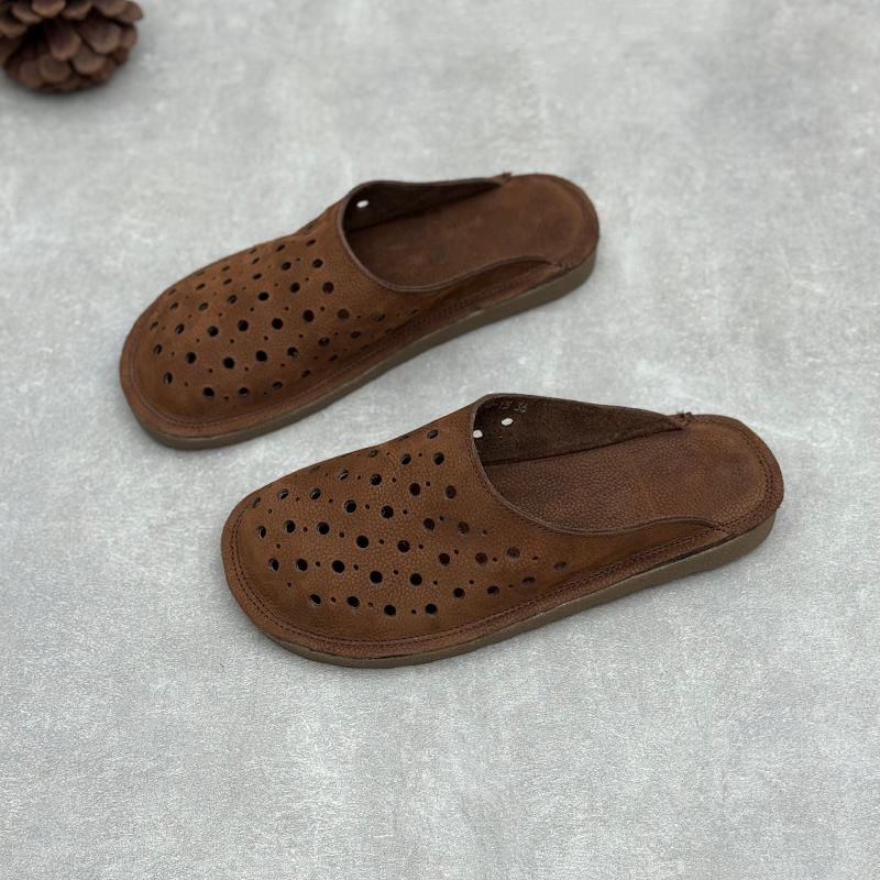 Johnature Handmade Cowhide Slippers Round Toe Flat Hollow-out Breathable Genuine Leather Slides