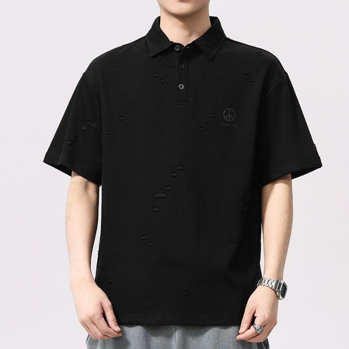 

New POLO Shirt Men s Ripped Cut Fabric Texture Innovative Casual and Versatile Short Sleeves 4XL чёрный