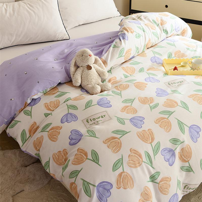 Yellow Tulip Duvet Cover 1Pcs Purple Flowers Pattern 100% Cotton Zipper Quilt Cover Skin-friendly Comfortable Queen Size Bedding
