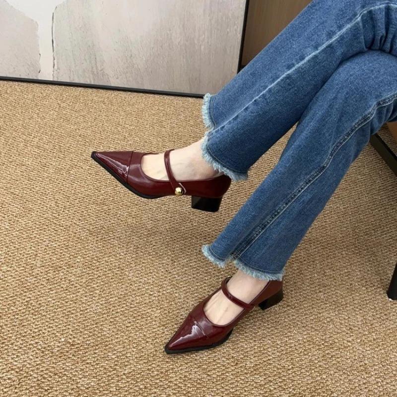 

Модные туфли на тонком каблуке для женщин Модные женские туфли на высоком каблуке с неглубоким носком Туфли Мэри Джейн на среднем каблуке Лакированная кожа Zapatos Mujer 35