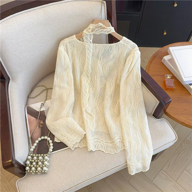 Fashion Temperament V-neck Ribbon Lace Shirt Women Long Sleeve Solid Loose Women's Blouses and Tops Vintage Slim Fit Elegant Lady Shirt Clothes 26431