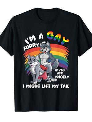 T-shirt Homme Amusant Mois de la Fierté Furry Gay Motif Renard et Chien Arc-en-ciel Slogan Je Suis Gay Furry Confortable Col Rond Manches Courtes