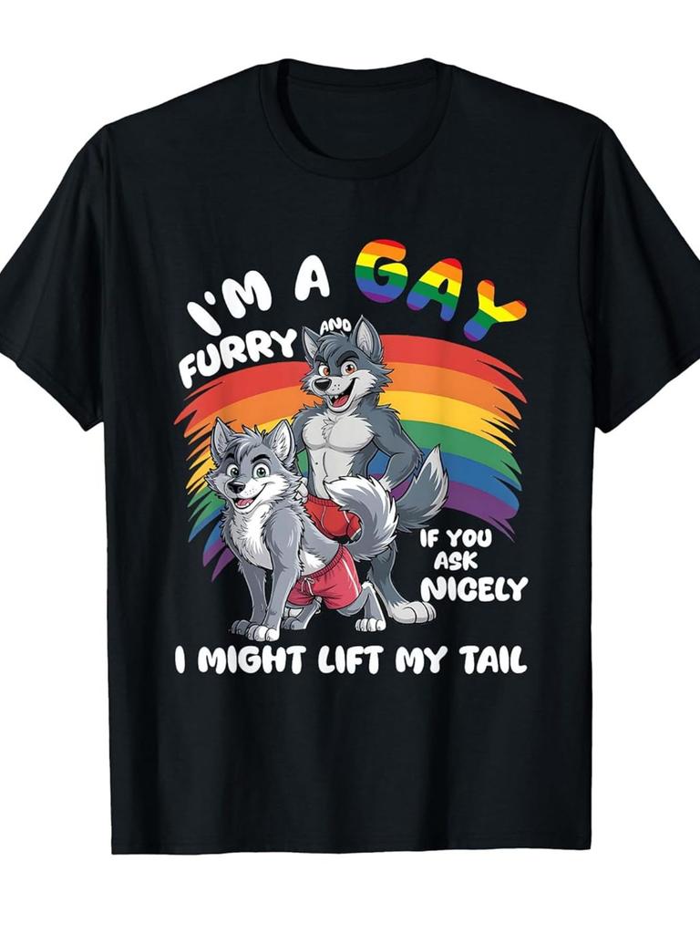 MenS Fun Gay Furry Pride Month TShirt Rainbow Fox and Dog Pattern I Am Gay Furry Slogan Comfortable Crew Neck Short Sleeve