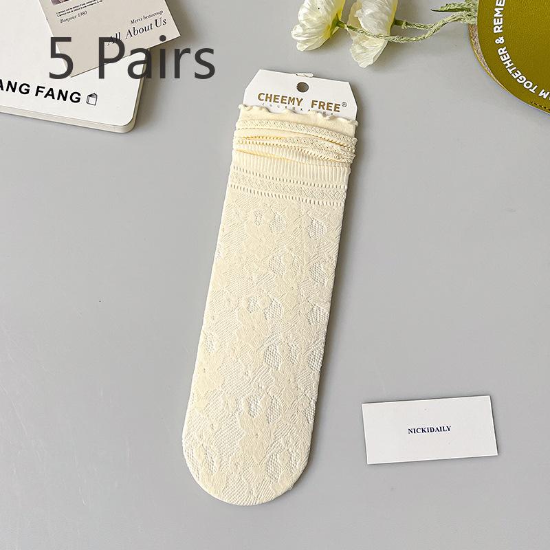 

5 пар женских весенне-летних носков средней длины, кружевные носки Princess Wind, сетчатые носки с ворсом и кружевом, впитывающие пот 5 Pairs молочный белый