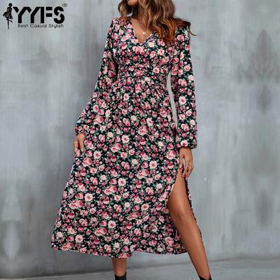 Abiti casual alla moda da donna con motivo floreale autunnale con stampa a maniche lunghe con scollo a V e vita centrale