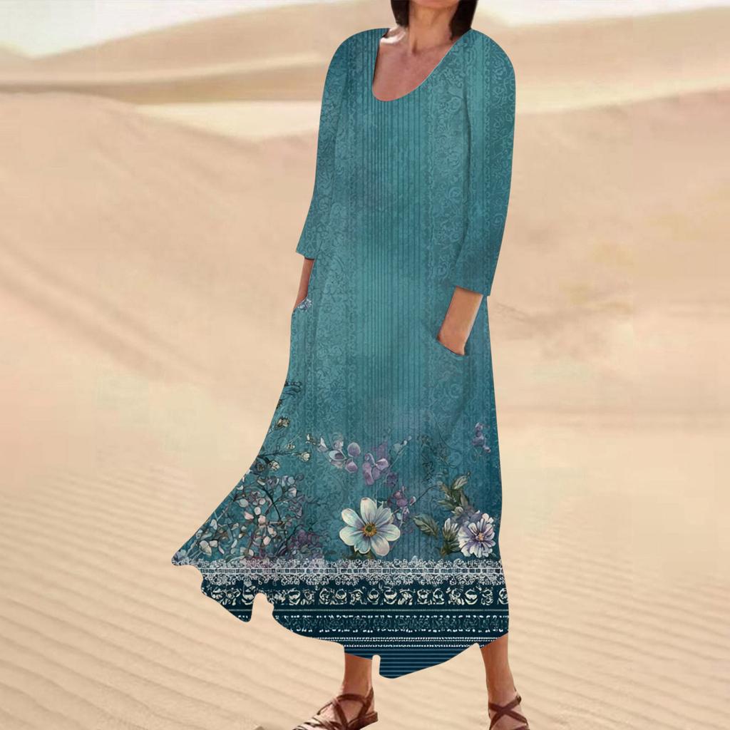 Rochie casual de damă cu imprimeu floral, mânecă trei sferturi, buzunare confortabile