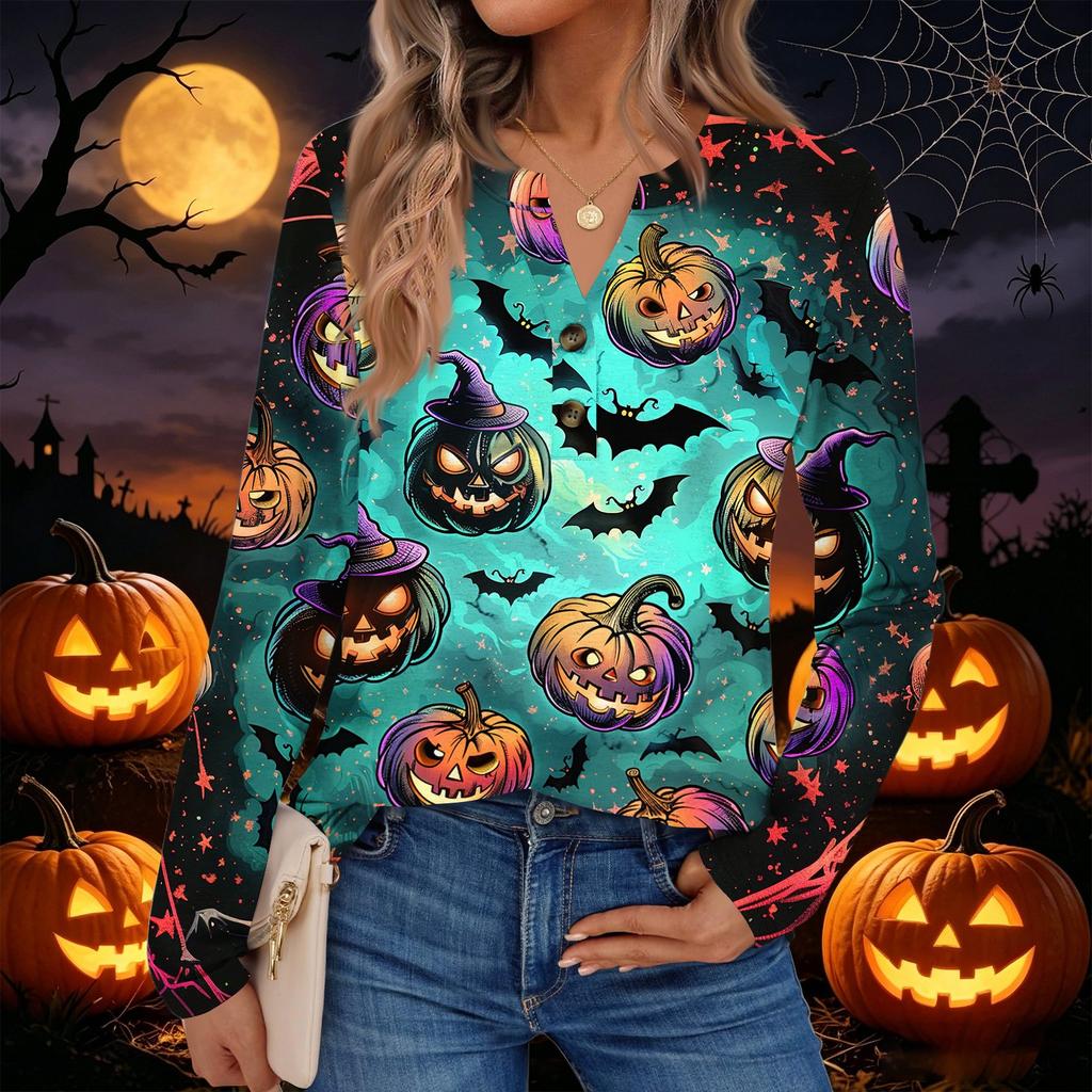 Women's Halloween Print Long Sleeve Shirt Casual Blouse