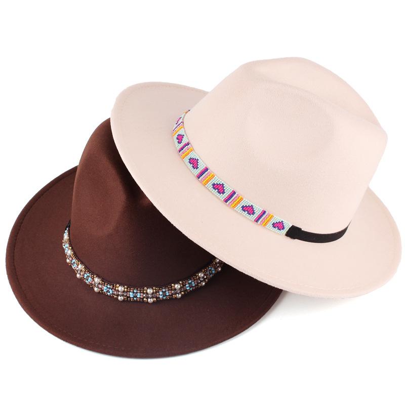 New fashionable women's autumn and winter woolen hat handmade rice beads decorated imitation felt top hat British jazz hat