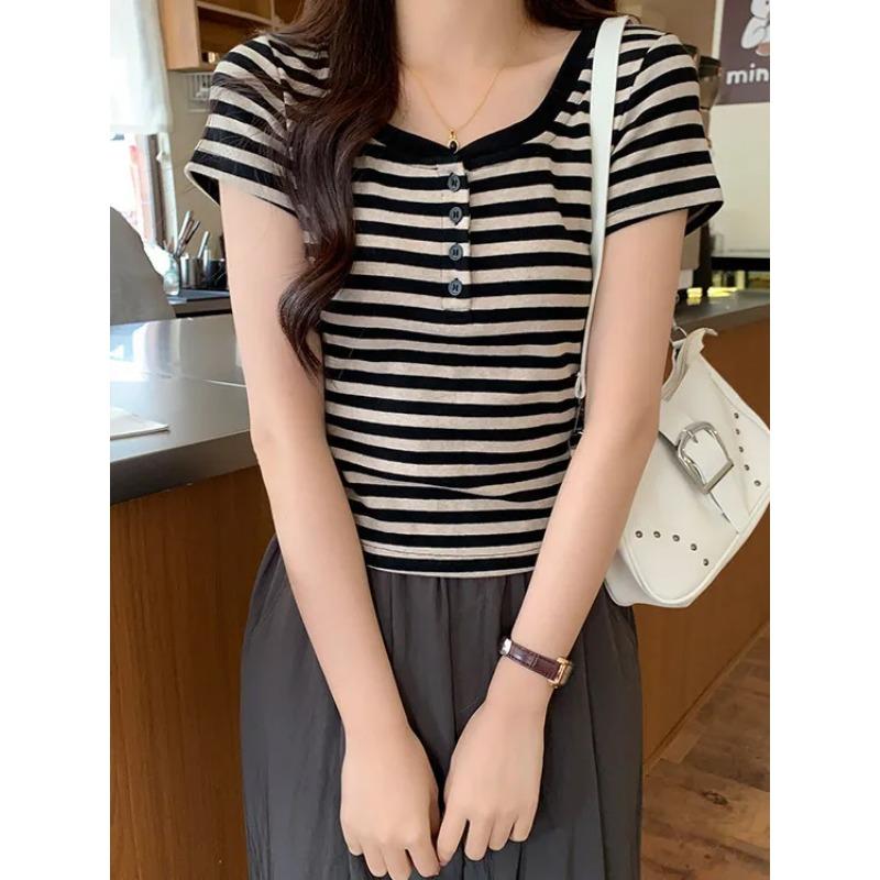 Summer Women's Striped T Shirt Square Neck Short Sleeve Half Button Slim Fit Ribbed Casual Tops