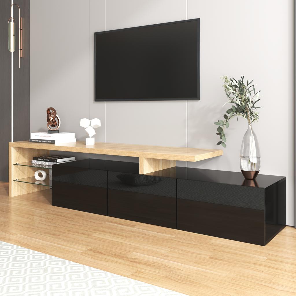 Modern TV Cabinet Design: Stylish Elegance, Practical Storage Space, High-Gloss Black, Wood Look, Glass Shelves, LED Lighting