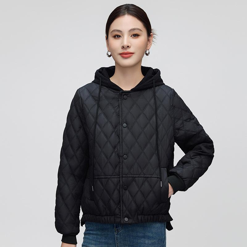 

New hooded padded jacket women s short rhombus versatile padded jacket casual fashion small padded jacket XXXL135-75kg чорний