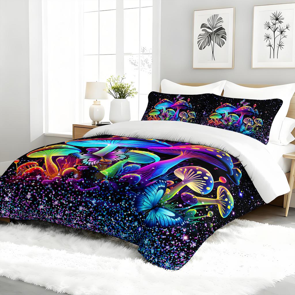 3PC Mushroom & Butterfly Psychedelic Comforter Set Glow-in-the-Dark Duvet with 2 Pillowcases for Bedroom Forest Theme